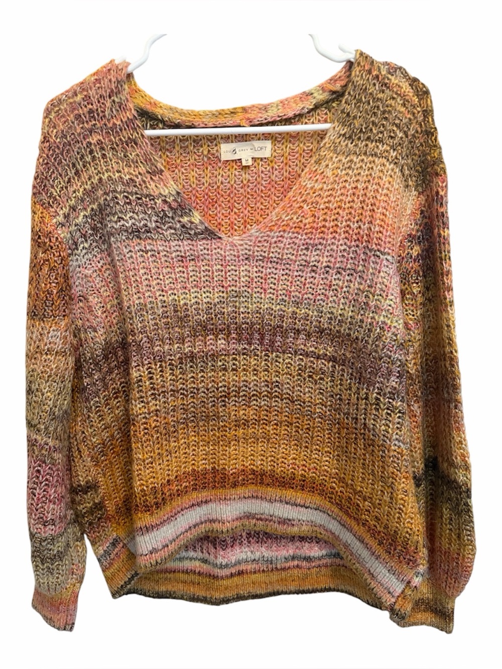 LOFT Multicolor V-Neck Sweater in Pink, Yellow & Brown Tones. Size Medium